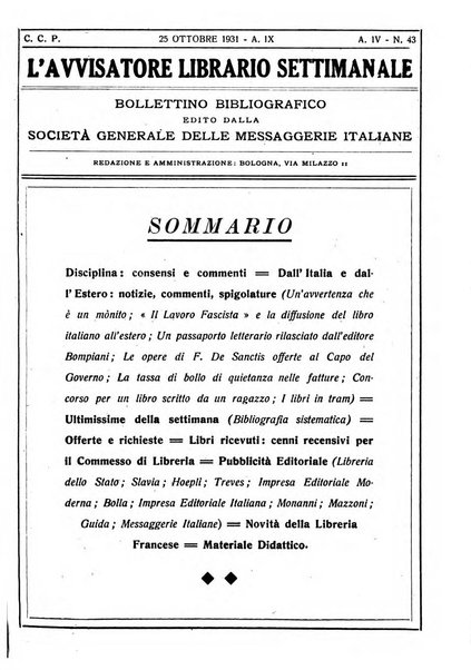 L'avvisatore librario settimanale bollettino bibliografico