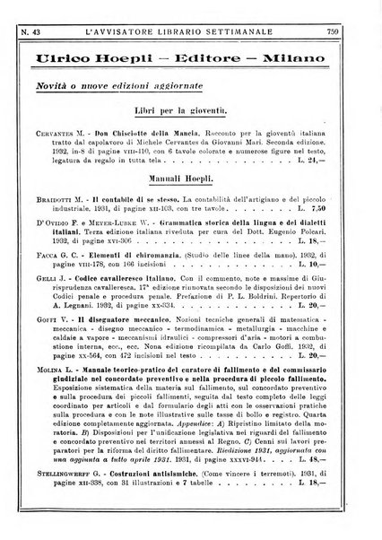 L'avvisatore librario settimanale bollettino bibliografico