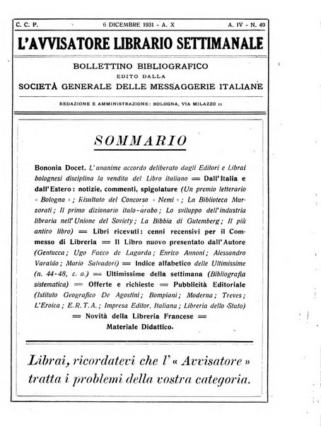 L'avvisatore librario settimanale bollettino bibliografico