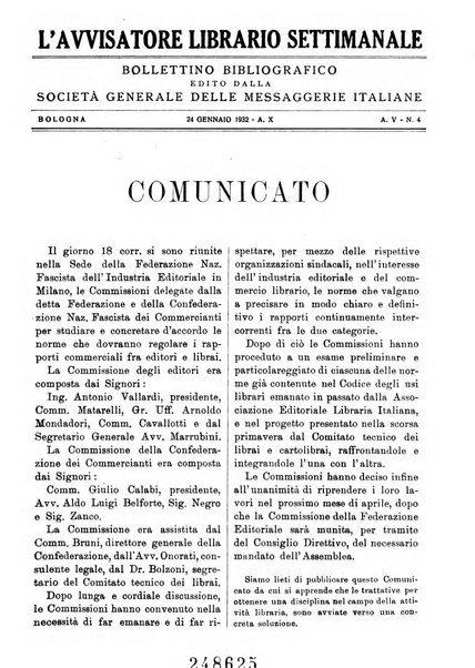 L'avvisatore librario settimanale bollettino bibliografico