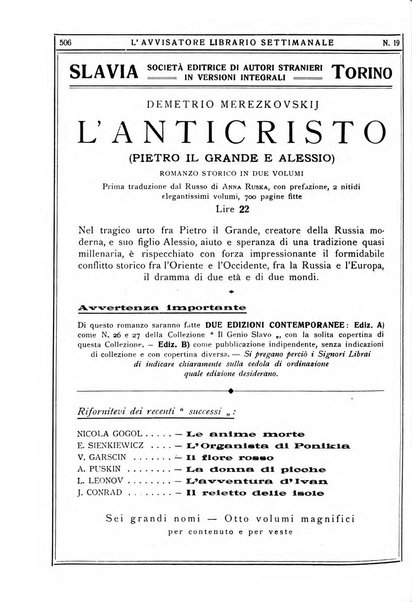 L'avvisatore librario settimanale bollettino bibliografico