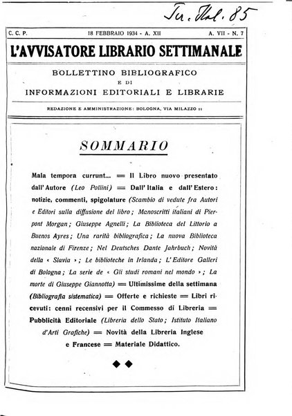 L'avvisatore librario settimanale bollettino bibliografico