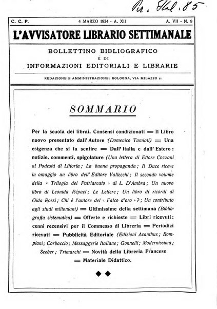 L'avvisatore librario settimanale bollettino bibliografico