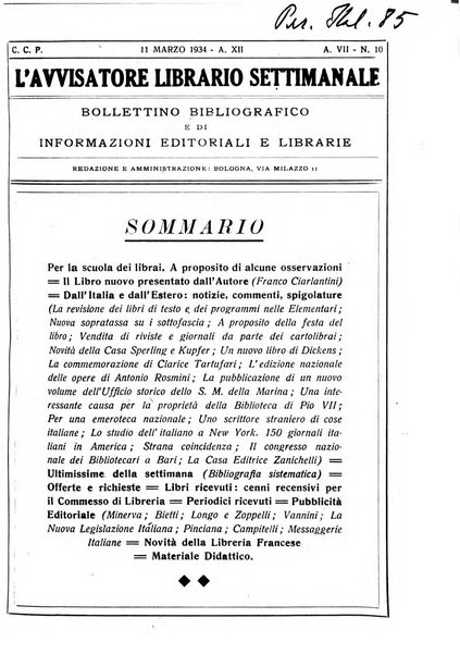 L'avvisatore librario settimanale bollettino bibliografico