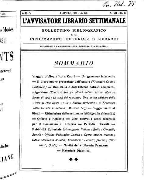 L'avvisatore librario settimanale bollettino bibliografico