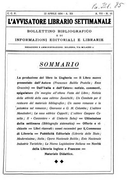 L'avvisatore librario settimanale bollettino bibliografico