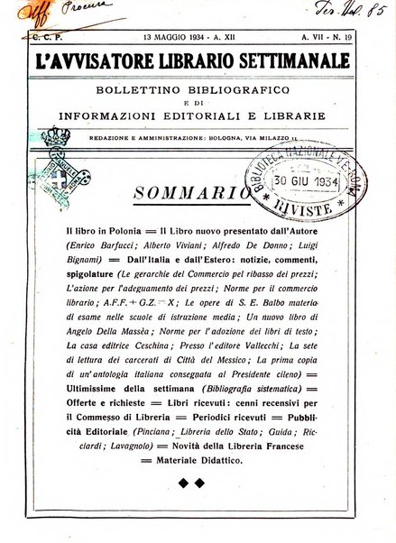 L'avvisatore librario settimanale bollettino bibliografico