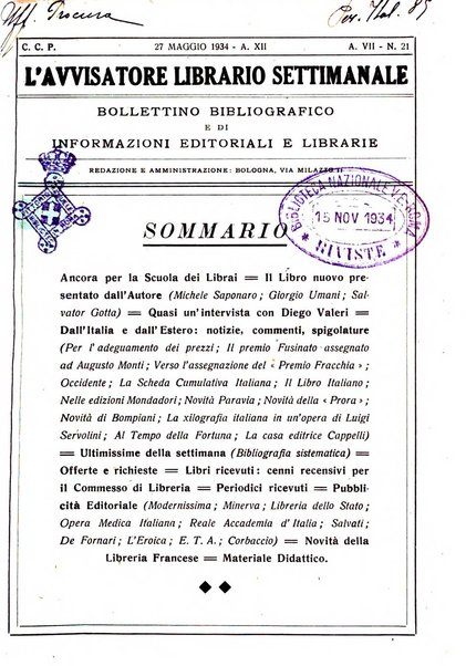 L'avvisatore librario settimanale bollettino bibliografico