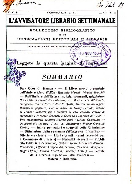 L'avvisatore librario settimanale bollettino bibliografico