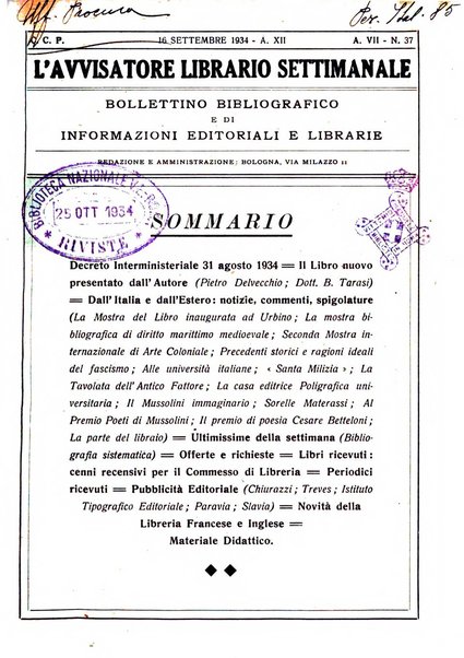 L'avvisatore librario settimanale bollettino bibliografico