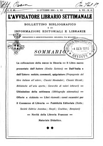 L'avvisatore librario settimanale bollettino bibliografico