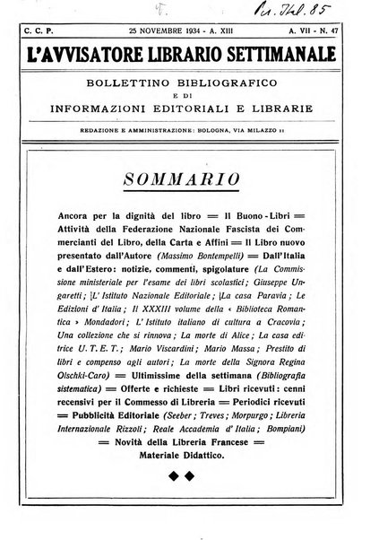 L'avvisatore librario settimanale bollettino bibliografico