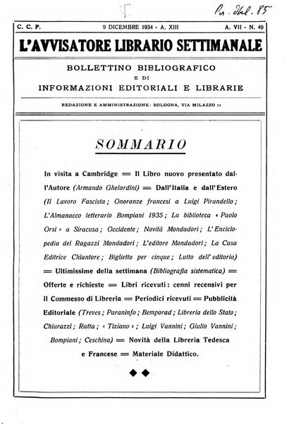 L'avvisatore librario settimanale bollettino bibliografico