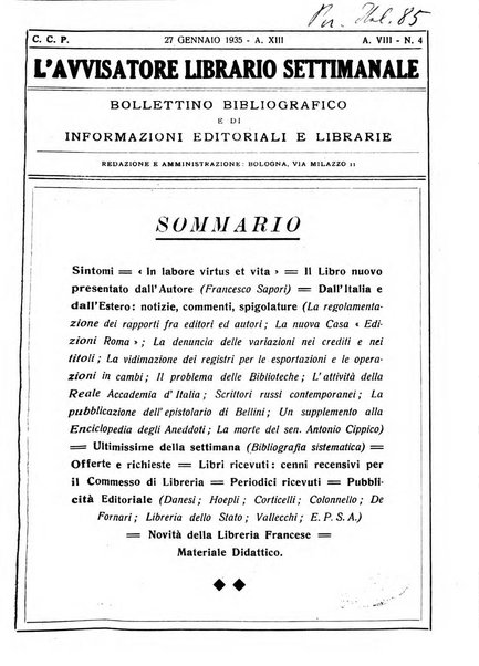 L'avvisatore librario settimanale bollettino bibliografico