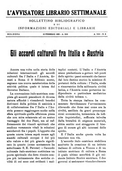 L'avvisatore librario settimanale bollettino bibliografico