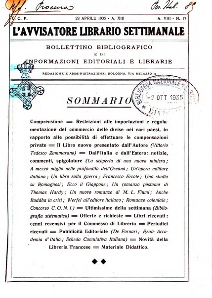 L'avvisatore librario settimanale bollettino bibliografico