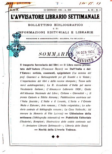 L'avvisatore librario settimanale bollettino bibliografico