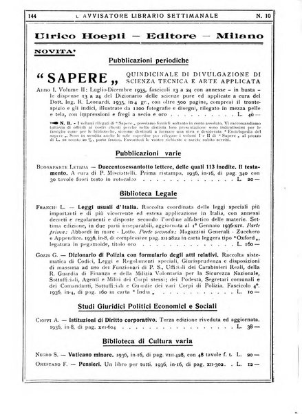 L'avvisatore librario settimanale bollettino bibliografico