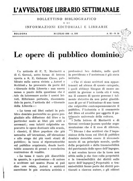 L'avvisatore librario settimanale bollettino bibliografico