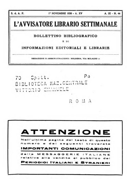 L'avvisatore librario settimanale bollettino bibliografico