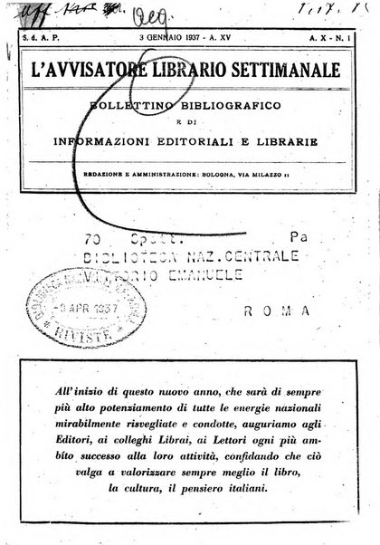 L'avvisatore librario settimanale bollettino bibliografico