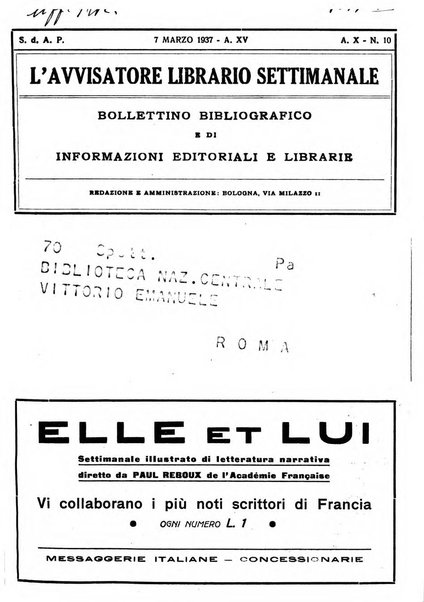 L'avvisatore librario settimanale bollettino bibliografico