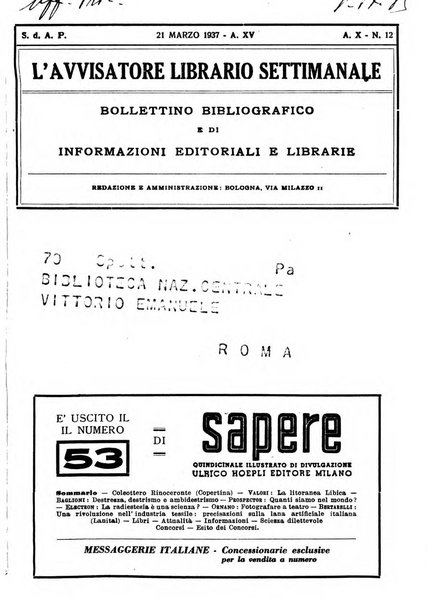 L'avvisatore librario settimanale bollettino bibliografico