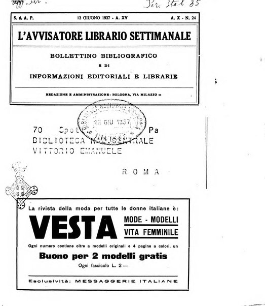 L'avvisatore librario settimanale bollettino bibliografico