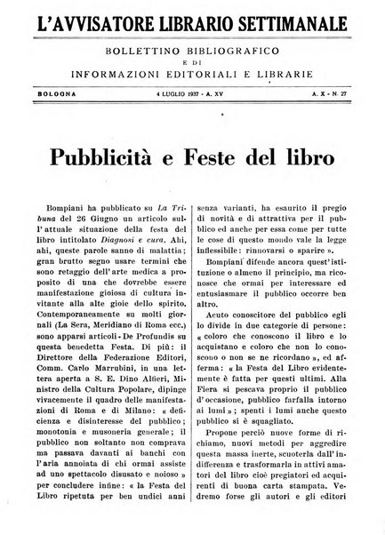 L'avvisatore librario settimanale bollettino bibliografico