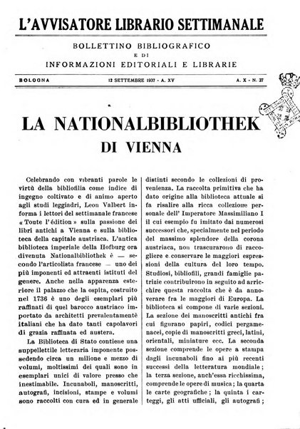 L'avvisatore librario settimanale bollettino bibliografico