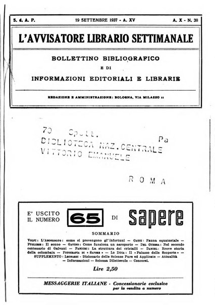 L'avvisatore librario settimanale bollettino bibliografico