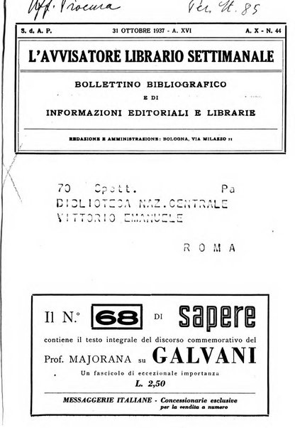 L'avvisatore librario settimanale bollettino bibliografico