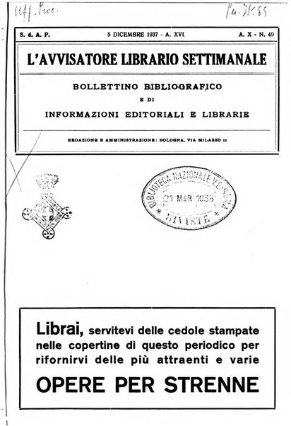 L'avvisatore librario settimanale bollettino bibliografico