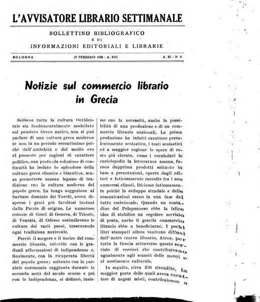 L'avvisatore librario settimanale bollettino bibliografico