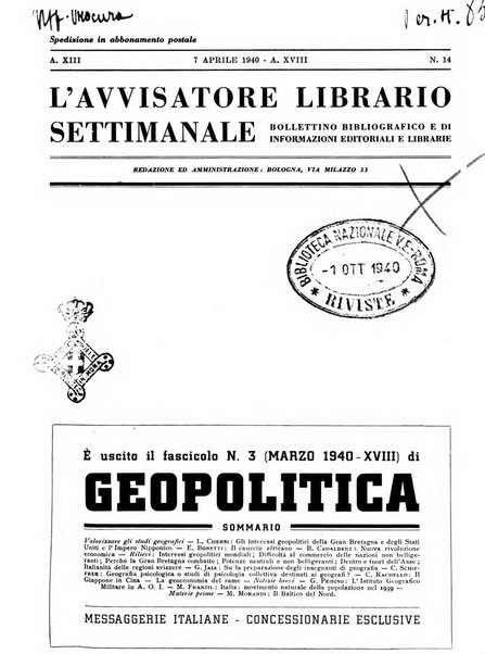 L'avvisatore librario settimanale bollettino bibliografico