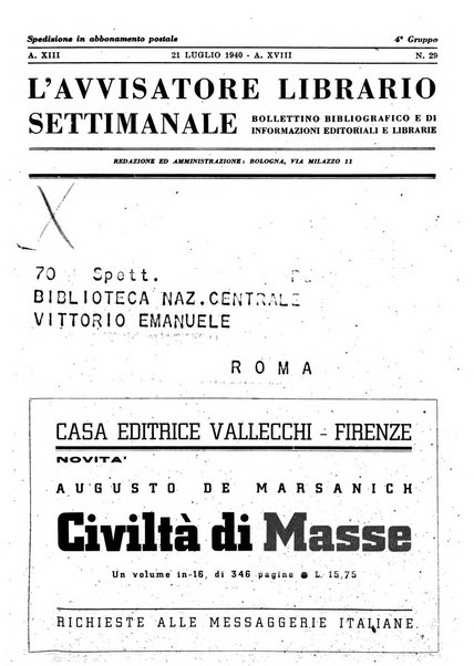 L'avvisatore librario settimanale bollettino bibliografico