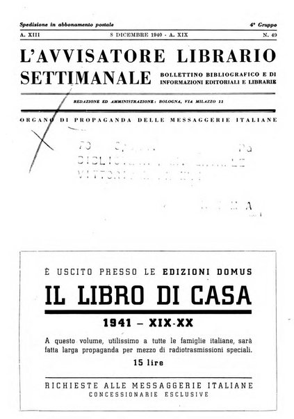 L'avvisatore librario settimanale bollettino bibliografico