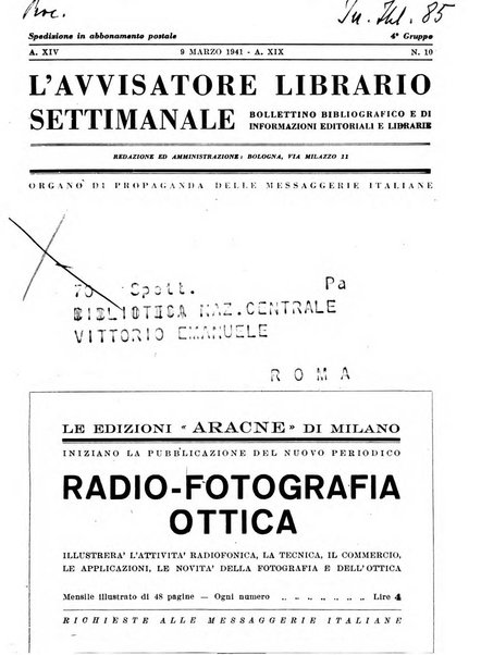 L'avvisatore librario settimanale bollettino bibliografico