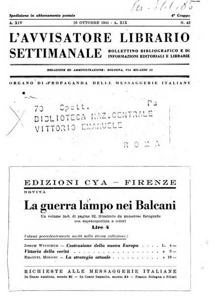 L'avvisatore librario settimanale bollettino bibliografico