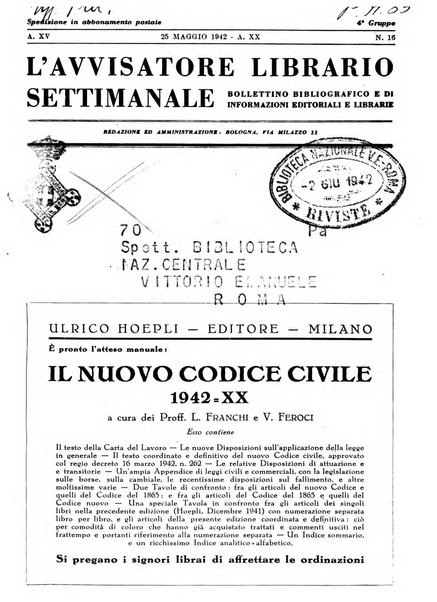 L'avvisatore librario settimanale bollettino bibliografico