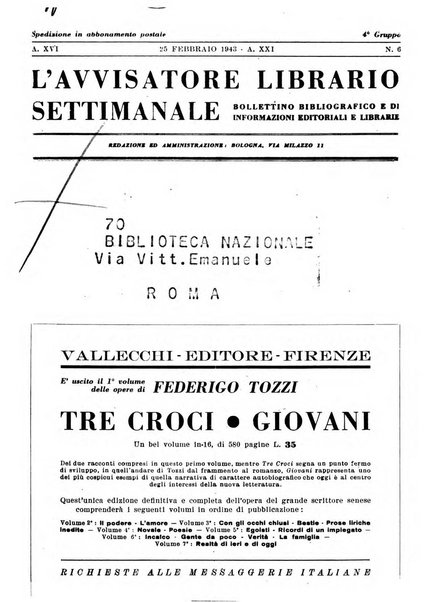 L'avvisatore librario settimanale bollettino bibliografico