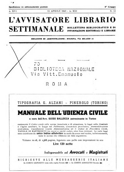 L'avvisatore librario settimanale bollettino bibliografico