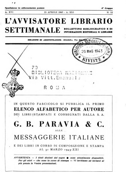 L'avvisatore librario settimanale bollettino bibliografico