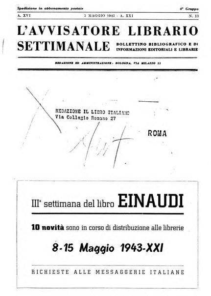 L'avvisatore librario settimanale bollettino bibliografico