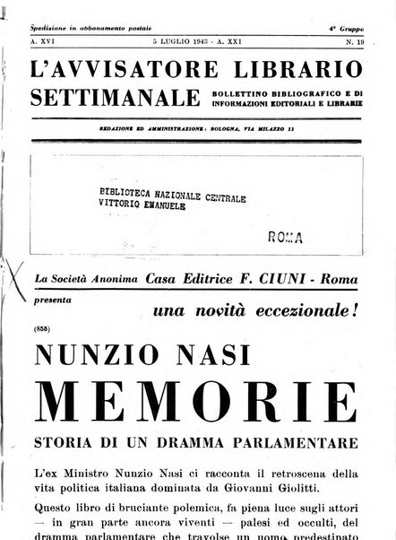 L'avvisatore librario settimanale bollettino bibliografico