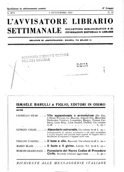 L'avvisatore librario settimanale bollettino bibliografico