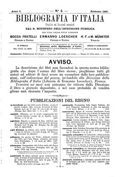 Bibliografia d'Italia compilata sui documenti comunicati dal Ministero dell'istruzione pubblica