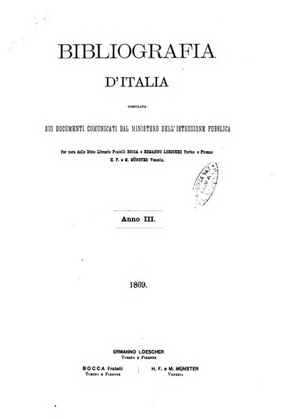 Bibliografia d'Italia compilata sui documenti comunicati dal Ministero dell'istruzione pubblica