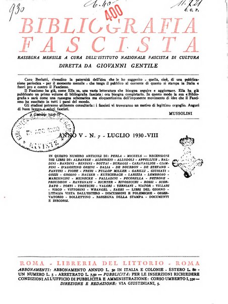 Bibliografia fascista rassegna mensile del movimento culturale fascista in Italia e all'estero