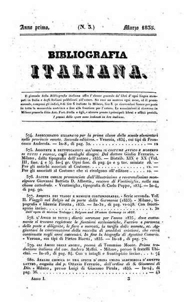 Bibliografia italiana, ossia elenco generale delle opere d'ogni specie e d'ogni lingua stampate in Italia e delle italiane pubblicate all'estero